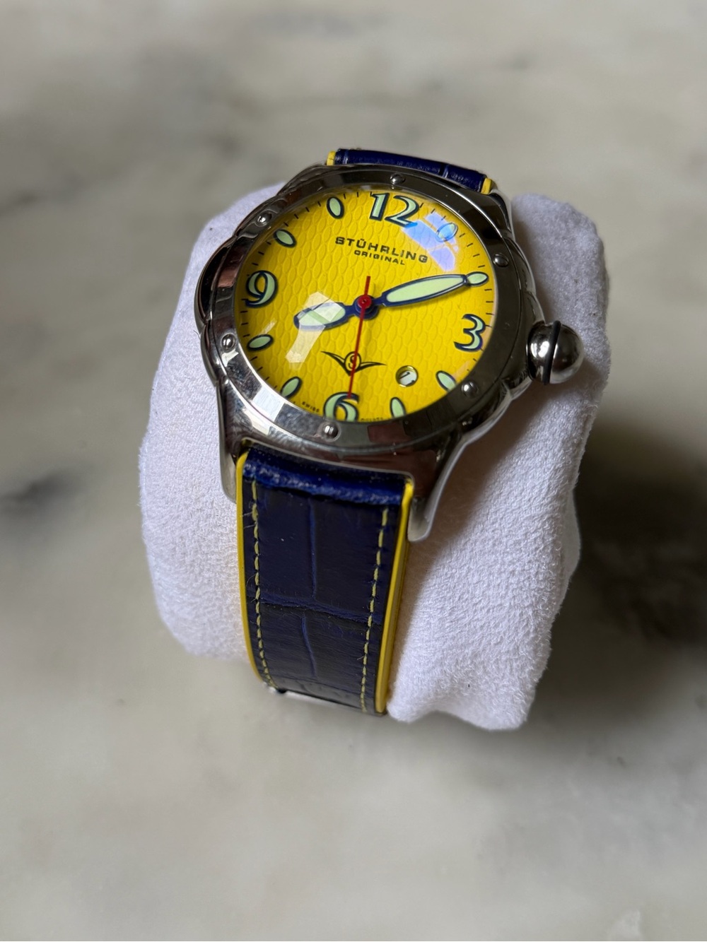 Men’s Stuhrling Yellow Dial Blue Leather Strap Watch